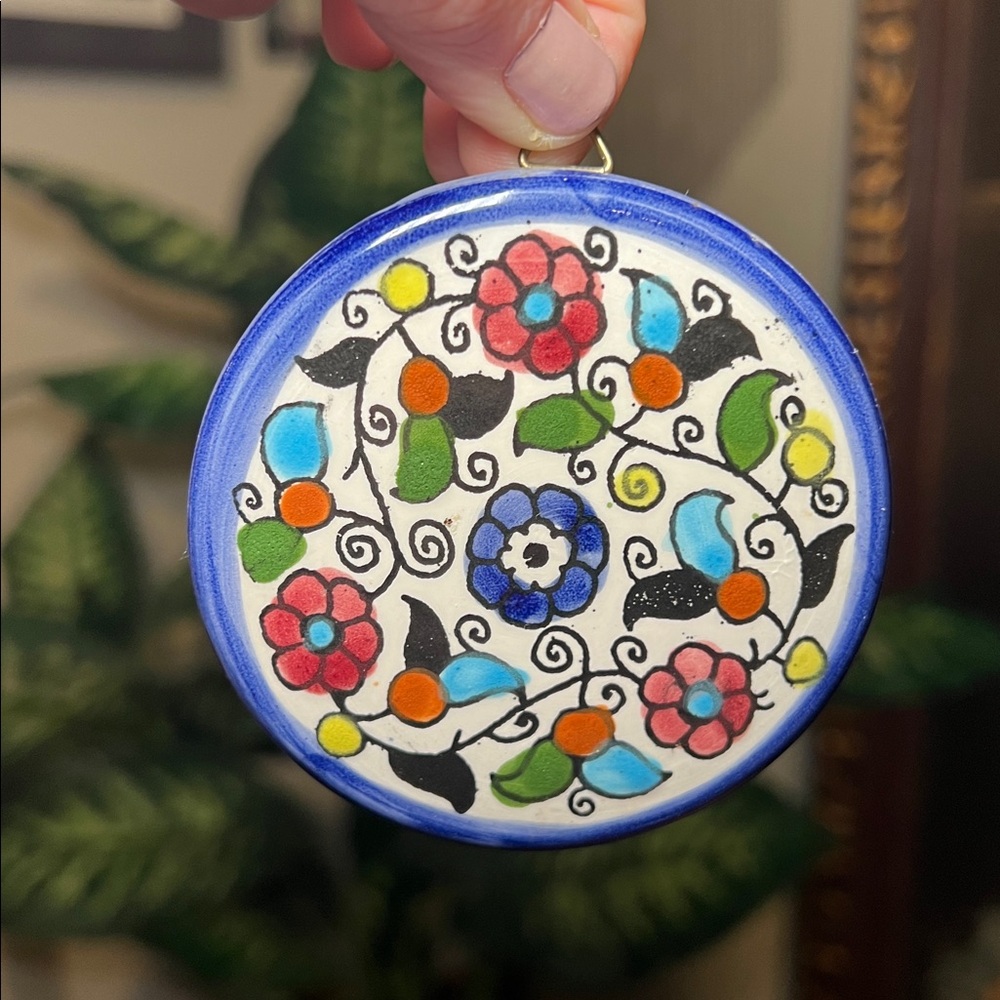Artisan Handpainted Colorful Floral Art Pottery Small Round Wall Plaque Decor